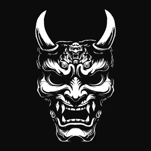 Kara Hannya Maskesi Japon Oni Şeytani Doğu Korku Sanatı Grunge Klasik Eski Okul İllüstrasyonu