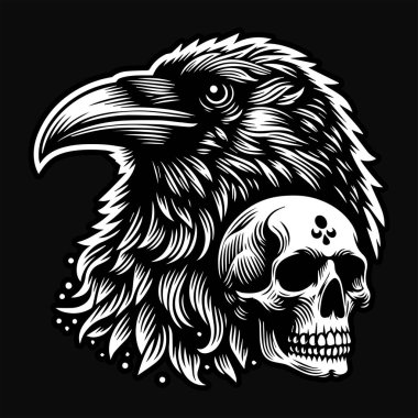 Kafatası Siyah ve Beyaz Resimli Kara Sanat Kargası Başı