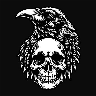 Kafatası Siyah ve Beyaz Resimli Kara Sanat Kargası Başı