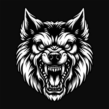 Keskin Dişleri Siyah ve Beyaz Resimli Kara Sanat Köpeği Kızgın Kafa