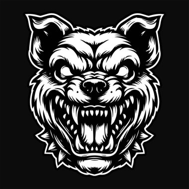 Keskin Dişleri Siyah ve Beyaz Resimli Kara Sanat Köpeği Kızgın Kafa