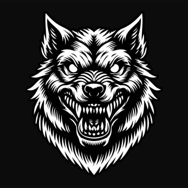 Keskin Dişleri Siyah ve Beyaz Resimli Kara Sanat Köpeği Kızgın Kafa