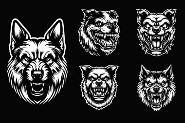 Keskin Dişleri Siyah ve Beyaz Resimli Kara Sanat Köpeği Kızgın Kafa