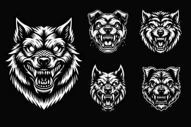 Keskin Dişleri Siyah ve Beyaz Resimli Kara Sanat Köpeği Kızgın Kafa