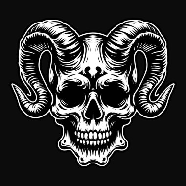 Keskin Boynuz Siyah ve Beyaz Resimli Kara Sanat Kurukafa Şeytanı