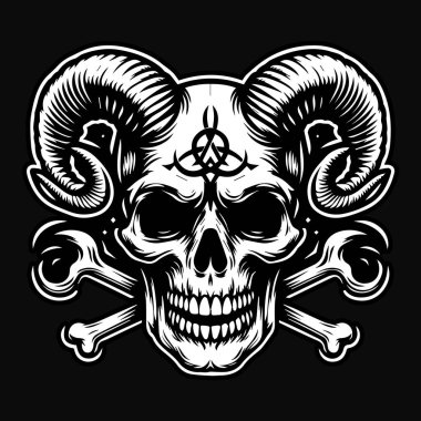 Keskin Boynuz Siyah ve Beyaz Resimli Kara Sanat Kurukafa Şeytanı