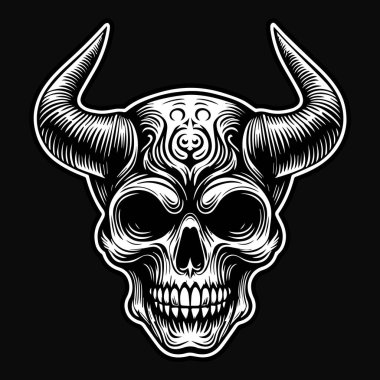 Keskin Boynuz Siyah ve Beyaz Resimli Kara Sanat Kurukafa Şeytanı