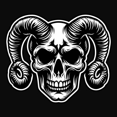 Keskin Boynuz Siyah ve Beyaz Resimli Kara Sanat Kurukafa Şeytanı