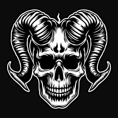 Keskin Boynuz Siyah ve Beyaz Resimli Kara Sanat Kurukafa Şeytanı