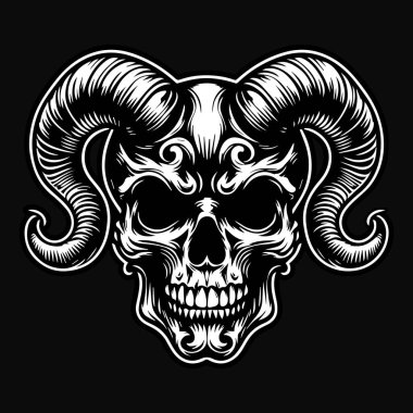 Keskin Boynuz Siyah ve Beyaz Resimli Kara Sanat Kurukafa Şeytanı