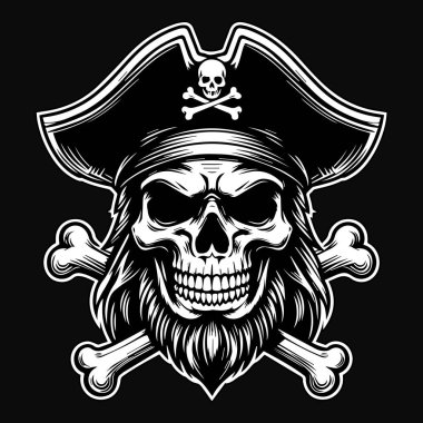 Kara Sanat Korsanları Kafatası Şapka Korsanları Siyah ve Beyaz Görüntü