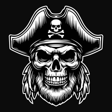 Kara Sanat Korsanları Kafatası Şapka Korsanları Siyah ve Beyaz Görüntü