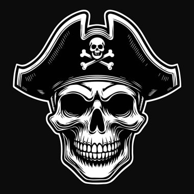 Kara Sanat Korsanları Kafatası Şapka Korsanları Siyah ve Beyaz Görüntü