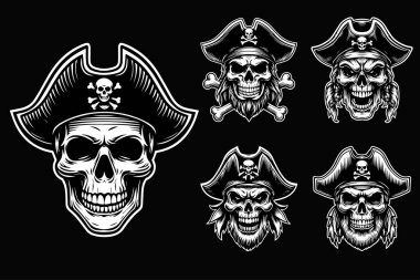 Kara Sanat Korsanları Kafatası Şapka Korsanları Siyah ve Beyaz Görüntü