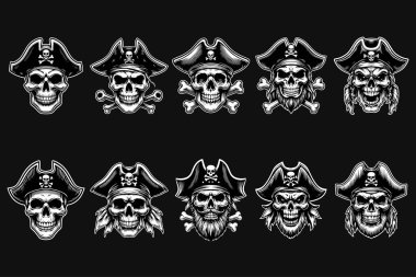 Kara Sanat Korsanları Kafatası Şapka Korsanları Siyah ve Beyaz Görüntü