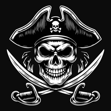 Kara Sanat Korsanları Kafatası Çifte Kılıç Siyah ve Beyaz Görüntü