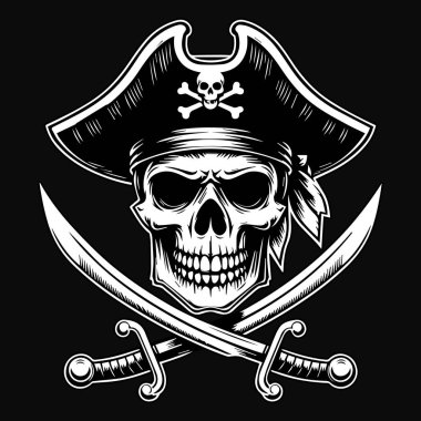 Kara Sanat Korsanları Kafatası Çifte Kılıç Siyah ve Beyaz Görüntü