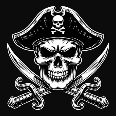 Kara Sanat Korsanları Kafatası Çifte Kılıç Siyah ve Beyaz Görüntü