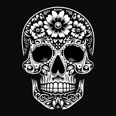 Siyah Beyaz ve Siyah Çiçekli Kara Sanat Kafatası