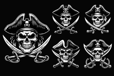 Kara Sanat Korsanları Kafatası Çifte Kılıç Siyah ve Beyaz Görüntü