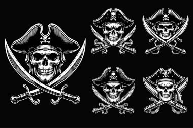 Kara Sanat Korsanları Kafatası Çifte Kılıç Siyah ve Beyaz Görüntü