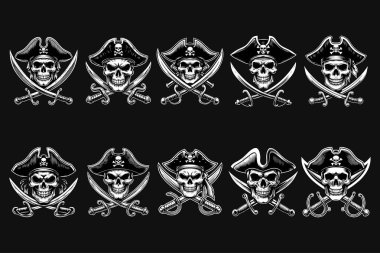 Kara Sanat Korsanları Kafatası Çifte Kılıç Siyah ve Beyaz Görüntü