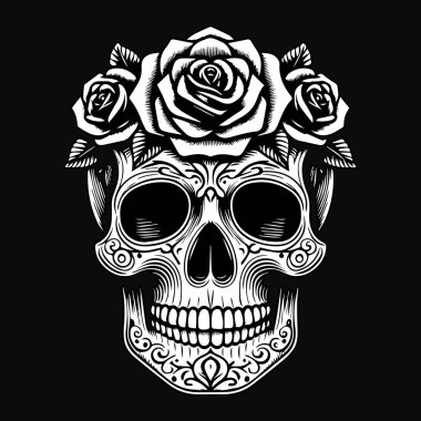 Siyah Beyaz ve Siyah Çiçekli Kara Sanat Kafatası