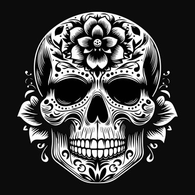 Siyah Beyaz ve Siyah Çiçekli Kara Sanat Kafatası