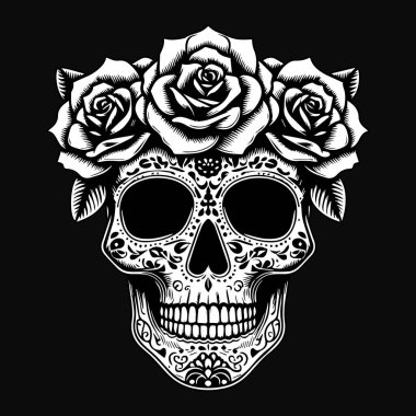 Siyah Beyaz ve Siyah Çiçekli Kara Sanat Kafatası