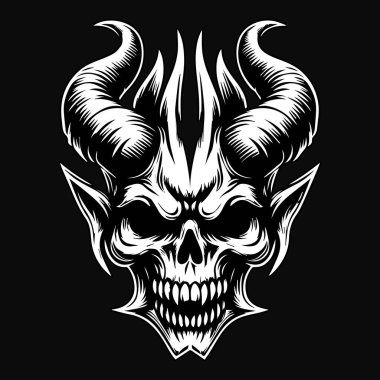 Kara Sanat Öfkeli Şeytan Kafatası Boynuzlu Siyah ve Beyaz Çizim