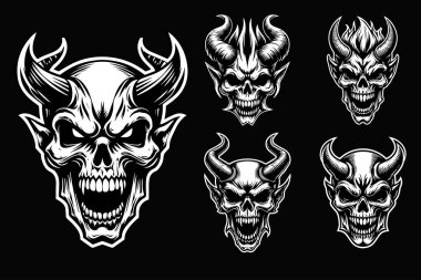 Kara Sanat Öfkeli Şeytan Kafatası Boynuzlu Siyah ve Beyaz Çizim