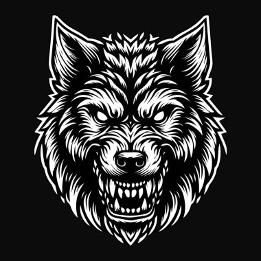 Kara Sanat Öfkeli Kurt Başı Siyah ve Beyaz Görüntü