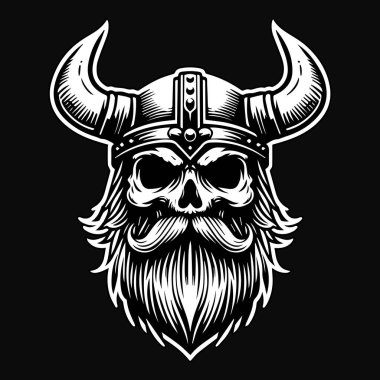 Viking Şapkası ve Sakallı Siyah-Beyaz Resimli Karanlık Sanat Viking Kafatası