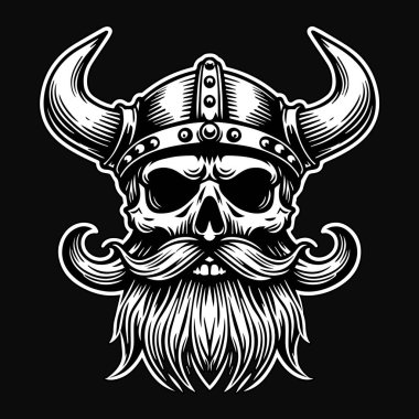 Viking Şapkası ve Sakallı Siyah-Beyaz Resimli Karanlık Sanat Viking Kafatası