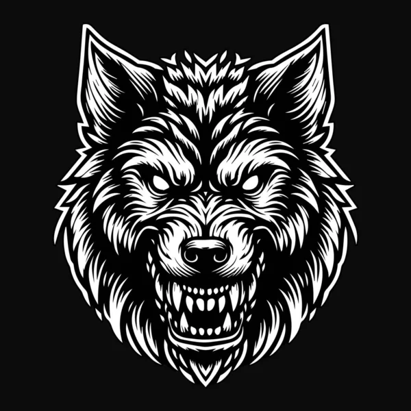 stock vector Dark Art Angry Wolf Head Black and White Illustration