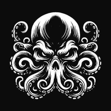 Karanlık Sanat Ahtapotu Canavar dokunaçları mürekkep balığı kafatası dehşeti dövme Grunge Vintage illüstrasyon