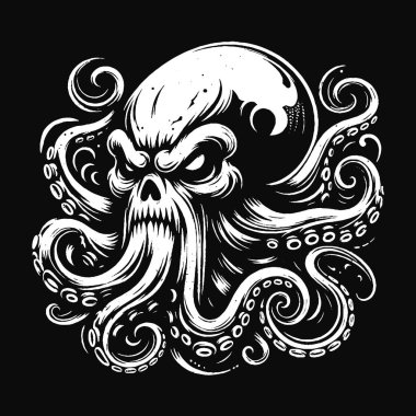 Karanlık Sanat Ahtapotu Canavar dokunaçları mürekkep balığı kafatası dehşeti dövme Grunge Vintage illüstrasyon
