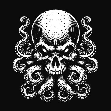 Karanlık Sanat Ahtapotu Canavar dokunaçları mürekkep balığı kafatası dehşeti dövme Grunge Vintage illüstrasyon