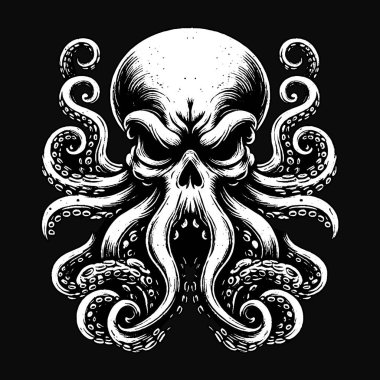 Karanlık Sanat Ahtapotu Canavar dokunaçları mürekkep balığı kafatası dehşeti dövme Grunge Vintage illüstrasyon