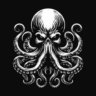 Karanlık Sanat Ahtapotu Canavar dokunaçları mürekkep balığı kafatası dehşeti dövme Grunge Vintage illüstrasyon