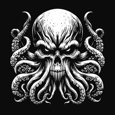 Karanlık Sanat Ahtapotu Canavar dokunaçları mürekkep balığı kafatası dehşeti dövme Grunge Vintage illüstrasyon