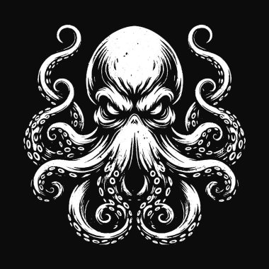 Karanlık Sanat Ahtapotu Canavar dokunaçları mürekkep balığı kafatası dehşeti dövme Grunge Vintage illüstrasyon