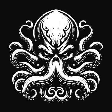 Karanlık Sanat Ahtapotu Canavar dokunaçları mürekkep balığı kafatası dehşeti dövme Grunge Vintage illüstrasyon