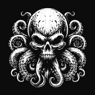 Karanlık Sanat Ahtapotu Canavar dokunaçları mürekkep balığı kafatası dehşeti dövme Grunge Vintage illüstrasyon