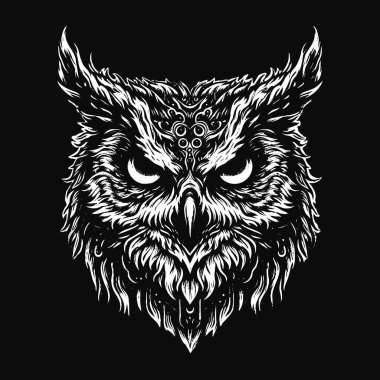 Kara Sanat Baykuşu Kuş Yüzlü Hayalet Vintage Gece Kuşu Tüylü Dövme Çizimi