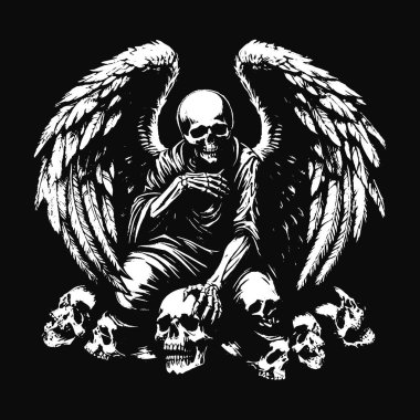 Kara Sanat Kurukafa Melek Yüzlü Kanatlı Korkunç Grunge Vintage Dövmeli Görüntü Siyah Beyaz