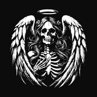 Kara Sanat Kurukafa Melek Yüzlü Kanatlı Korkunç Grunge Vintage Dövmeli Görüntü Siyah Beyaz