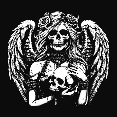 Kara Sanat Kurukafa Melek Yüzlü Kanatlı Korkunç Grunge Vintage Dövmeli Görüntü Siyah Beyaz