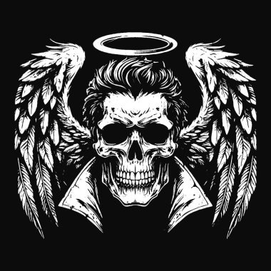 Kara Sanat Kurukafa Melek Yüzlü Kanatlı Korkunç Grunge Vintage Dövmeli Görüntü Siyah Beyaz