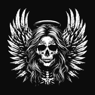 Kara Sanat Kurukafa Melek Yüzlü Kanatlı Korkunç Grunge Vintage Dövmeli Görüntü Siyah Beyaz